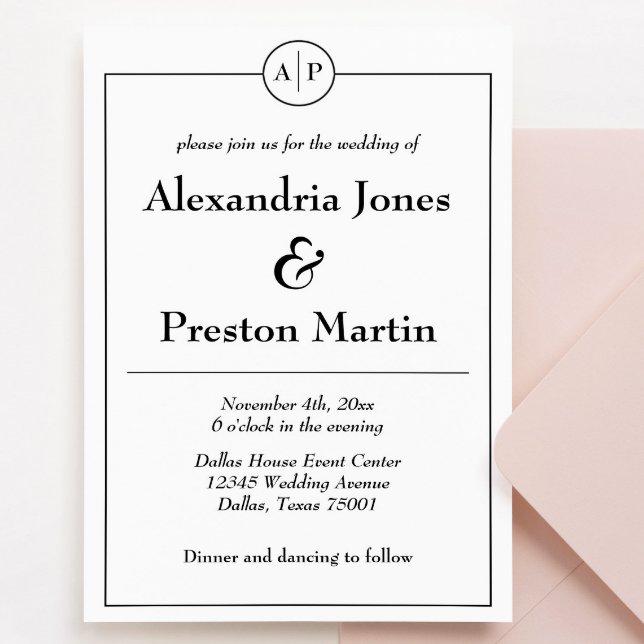 Faire-part de mariage minimal de monogramme noir e (simple minimalist wedding invitation with black and white text and couple's initial monogram)