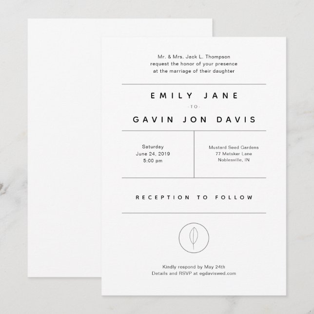 Faire-part de mariage minimal moderne blanc et (Devant / Derrière)