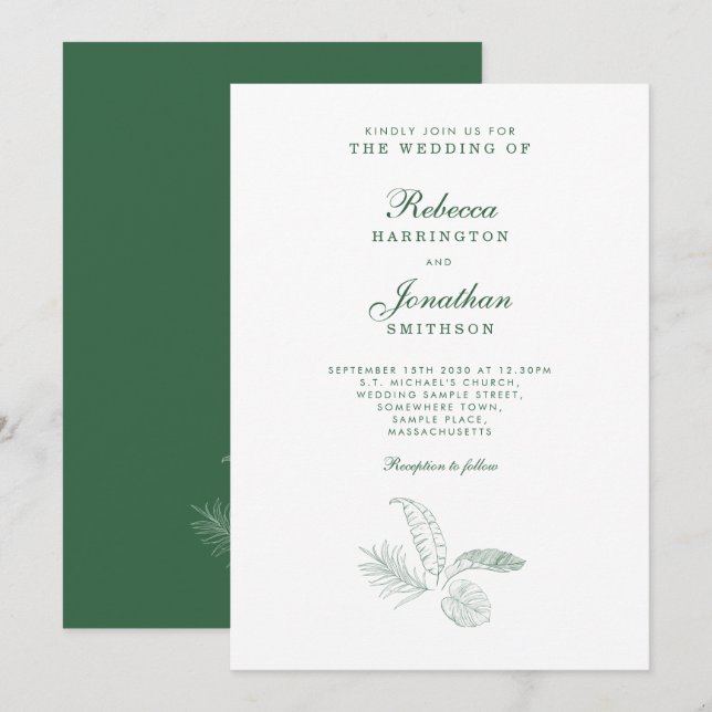Faire-part de mariage minimal vert à feuilles trop (Devant / Derrière)