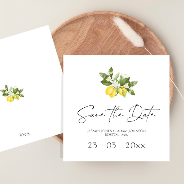 Faire-part de mariage minimaliste Citron et Verdur (Citrus Lemons and Greenery Summer Fruits Wedding Save The Date)