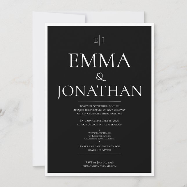 Faire-part de mariage minimaliste noir et blanc (Devant)