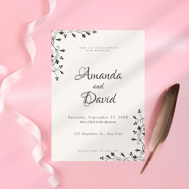 Faire-part de mariage minimaliste noir floral (Créateur téléchargé)