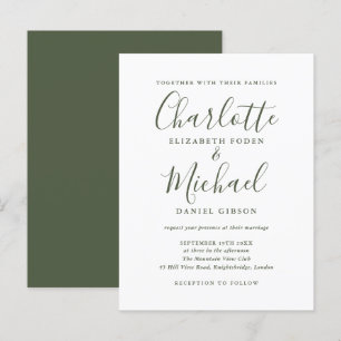 Faire-part de mariage minimaliste vert olive écrit