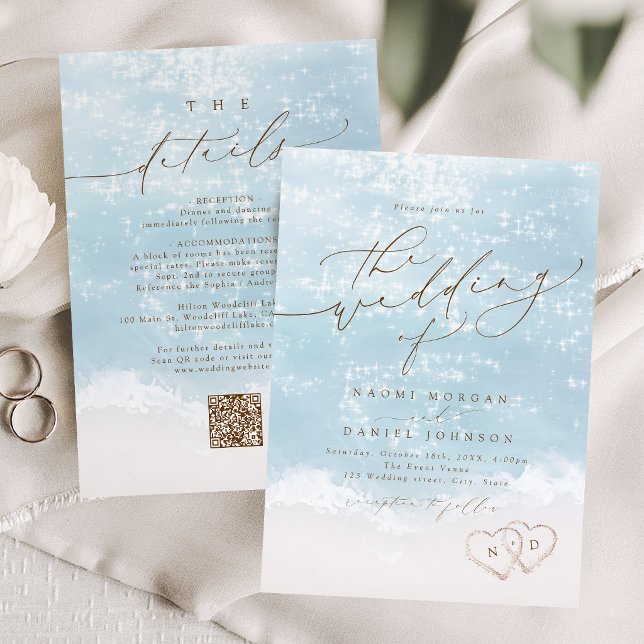 Faire-part de mariage Modern Script Sand Hearts Be (Modern Script Sand Hearts Beach Wedding All In One Invitation)