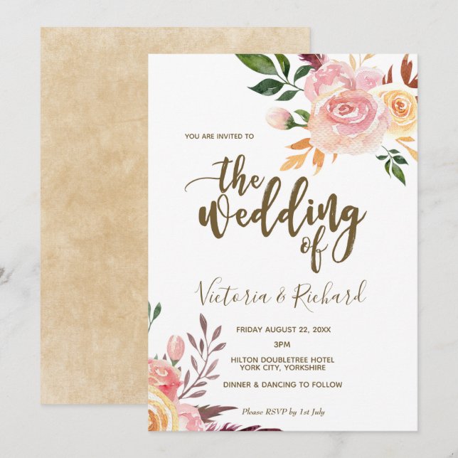 faire-part de mariage moderne à fleurs boho (Devant / Derrière)
