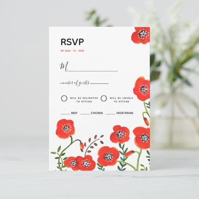 Faire-part de mariage moderne à fleurs rouges (Debout devant)