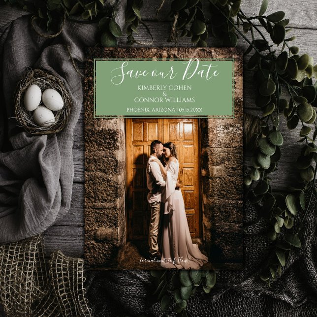 Faire-part de mariage moderne avec photo | Vert mo (Moss Green Modern Photo Save the Date)