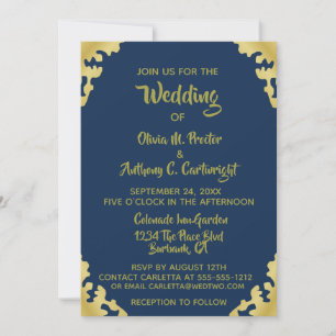 Faire-part de mariage moderne bleu et or