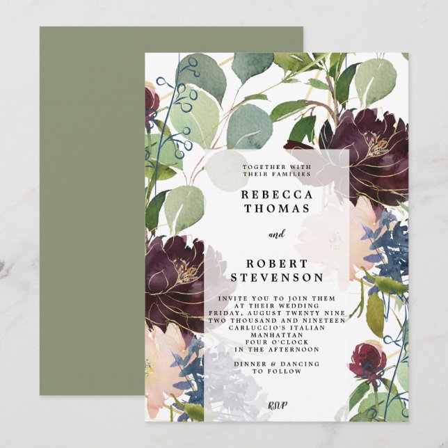 faire-part de mariage moderne bleu violet vert flo (Devant / Derrière)