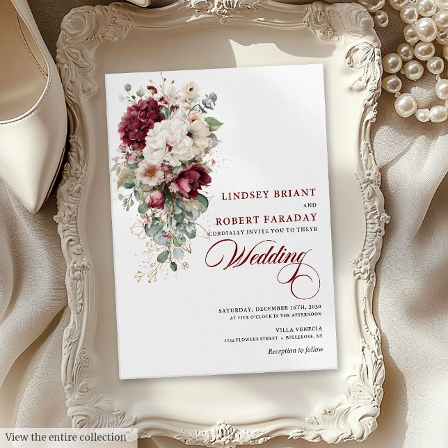 Faire-part de mariage moderne Boho Bourgogne Rose  (Modern Boho Burgundy White Rose Wedding Invitation)