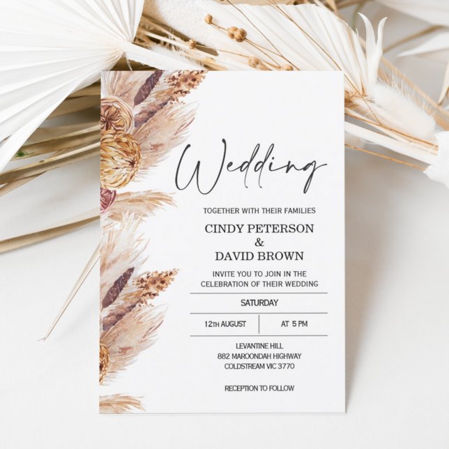 Faire-part de mariage moderne Boho Pampas Gris (Créateur téléchargé)
