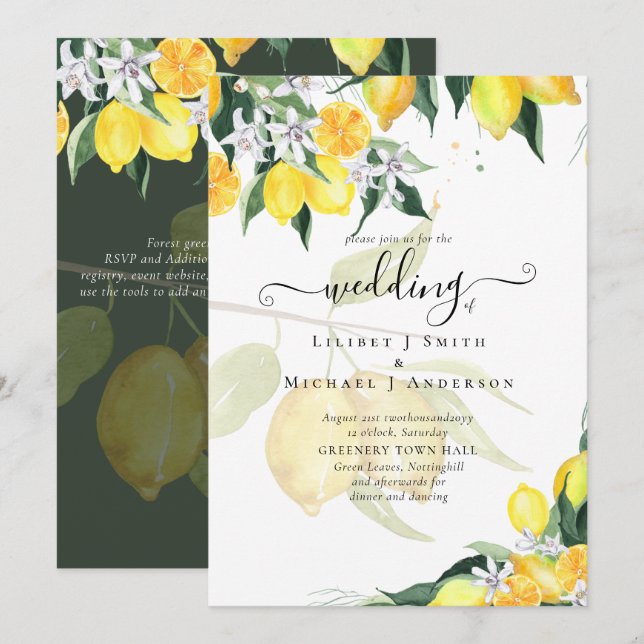 Faire-Part de Mariage Moderne Citronnier Élégant (Devant / Derrière)