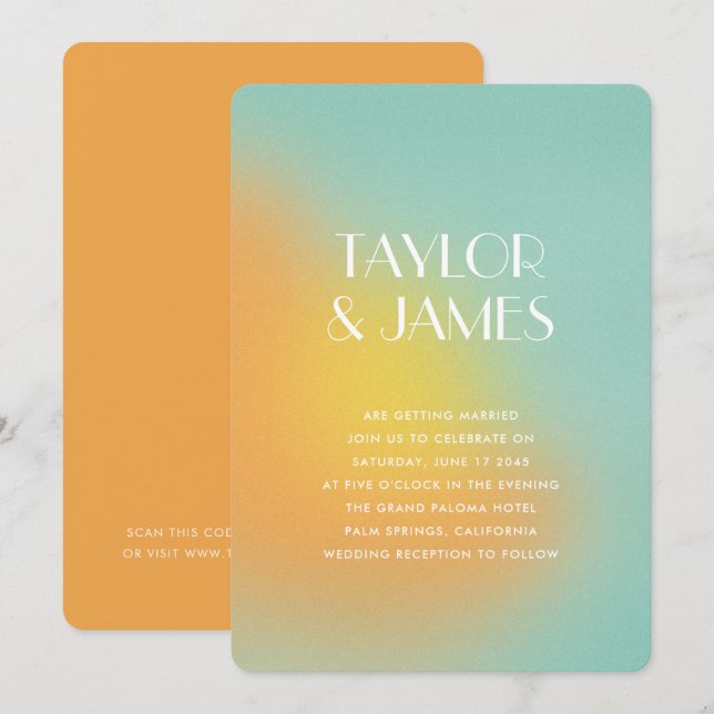Faire-part de mariage moderne code QR turquoise or (Devant / Derrière)