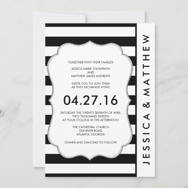 Faire-part de mariage moderne de rayures noires et (Devant)