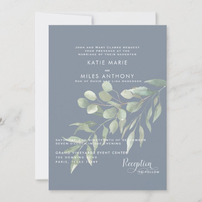 Faire-part de mariage moderne Dusty Blue Eucalyptu (Devant)