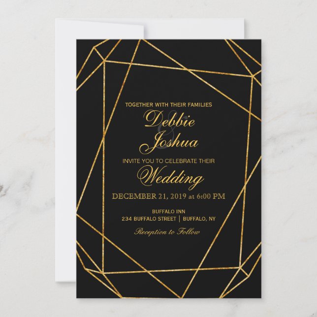 Faire-part de mariage moderne Elegant Noir & Or (Devant)