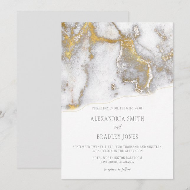 Faire-part de mariage moderne en marbre gris et or (Devant / Derrière)