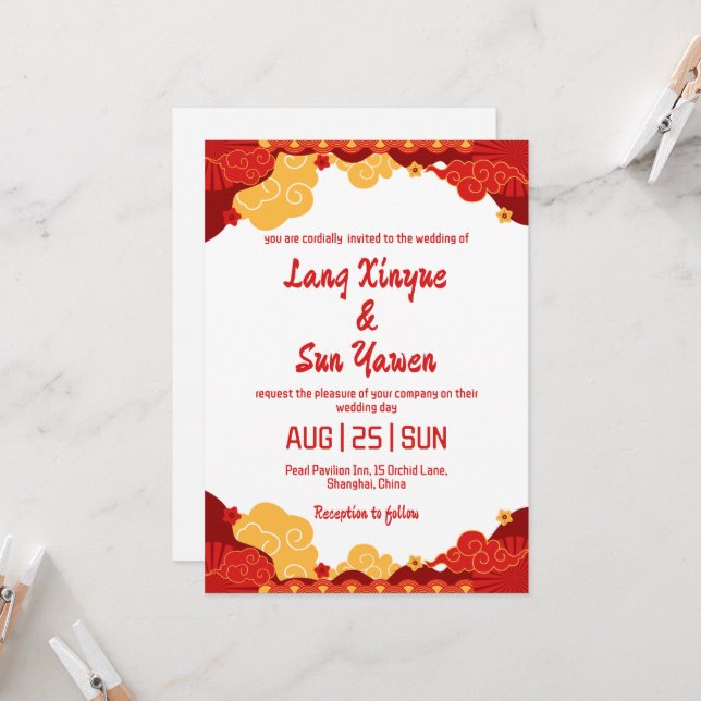 faire-part de mariage moderne en or chinois (Devant/Arrière en situation)