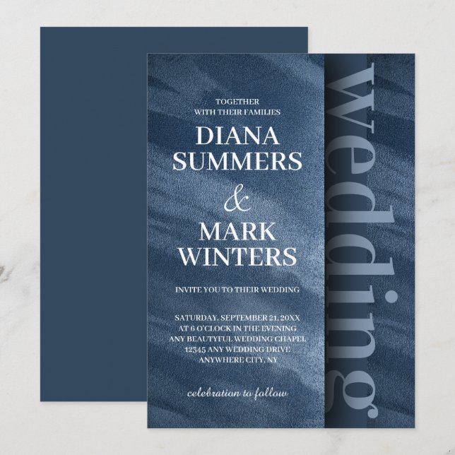 Faire-part de mariage moderne en velours bleu mari (Devant / Derrière)