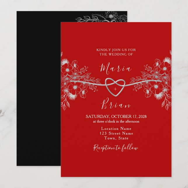 Faire-part de mariage moderne noir et rouge (Devant / Derrière)
