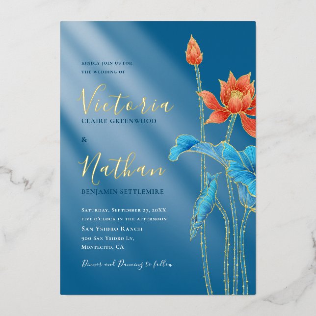 Faire-part de mariage moderne orange lotus bleu fl (Recto)