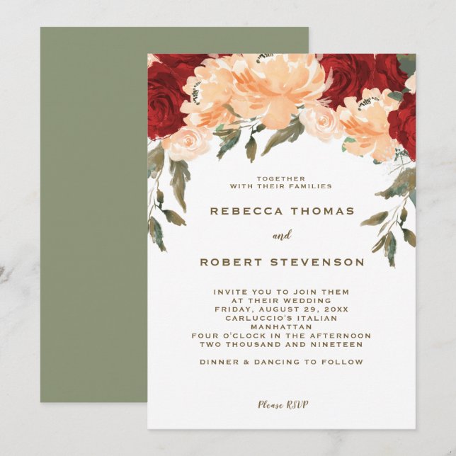 faire-part de mariage moderne pêche rouge roses (Devant / Derrière)