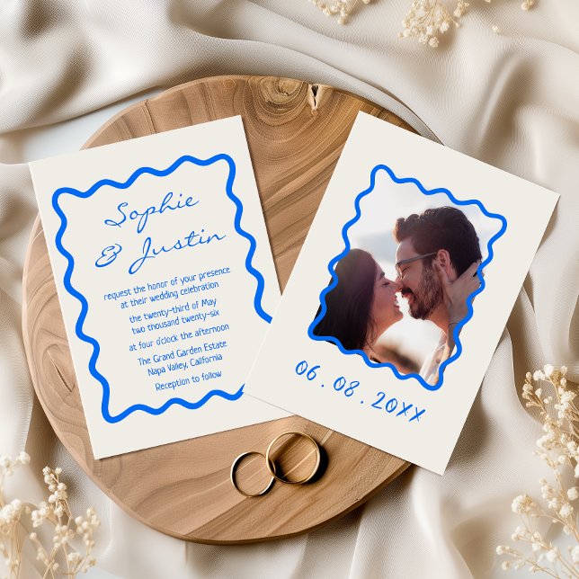 Faire-Part de Mariage Moderne Photo Cadre Bleu Ond (Créateur téléchargé)