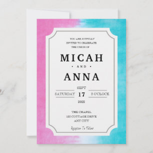 Faire-part de mariage moderne rose et bleu