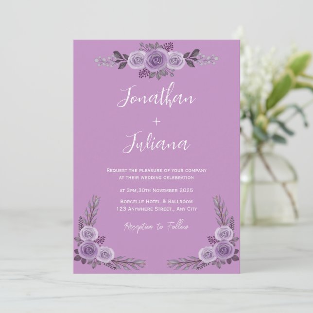 Faire-part de mariage moderne violet (Debout devant)
