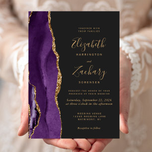 Faire-part de mariage moderne violet or agate fonc