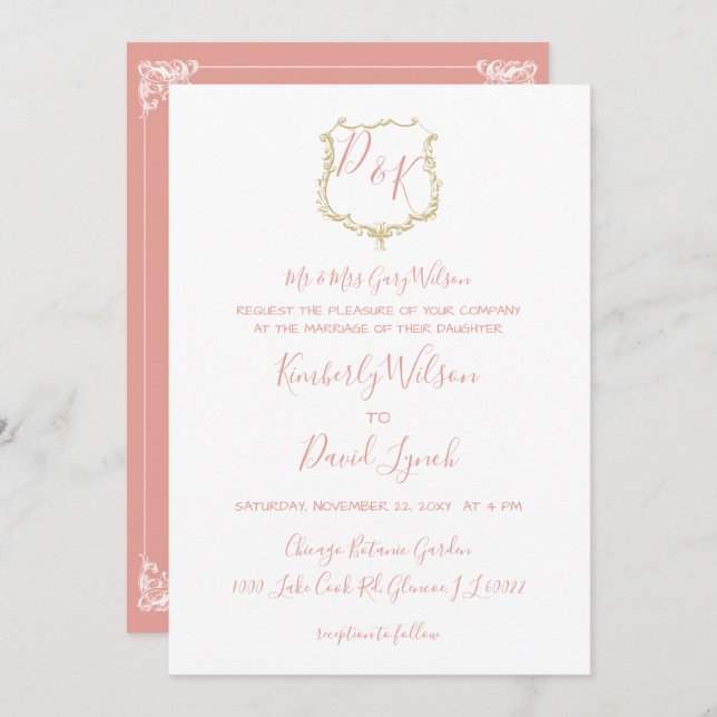 Faire-part de mariage Monogram Crest Gold blush (Devant / Derrière)