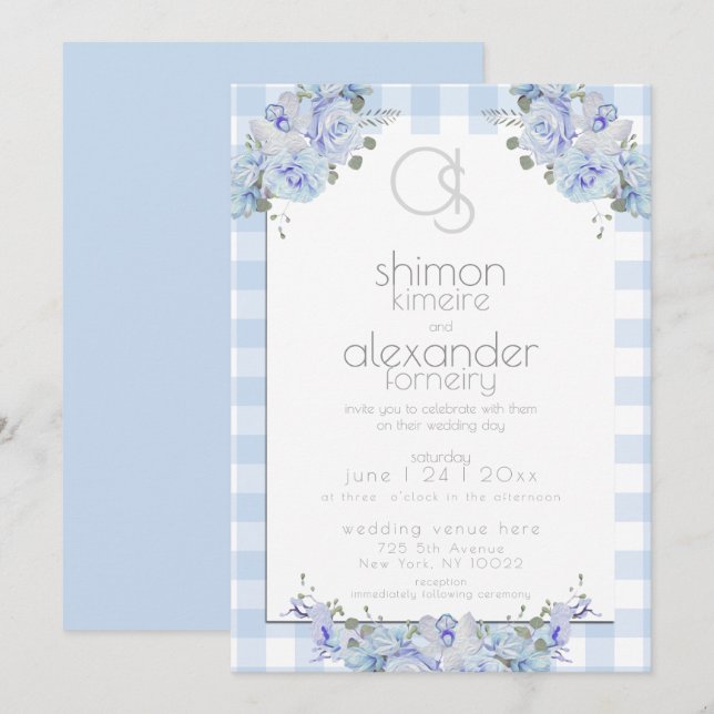 Faire-part de mariage | Monogramme bleu En vichy f (Devant / Derrière)