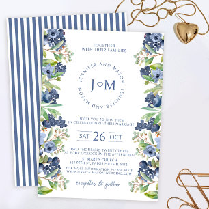 Faire-part de mariage monogramme bleu floral bleut