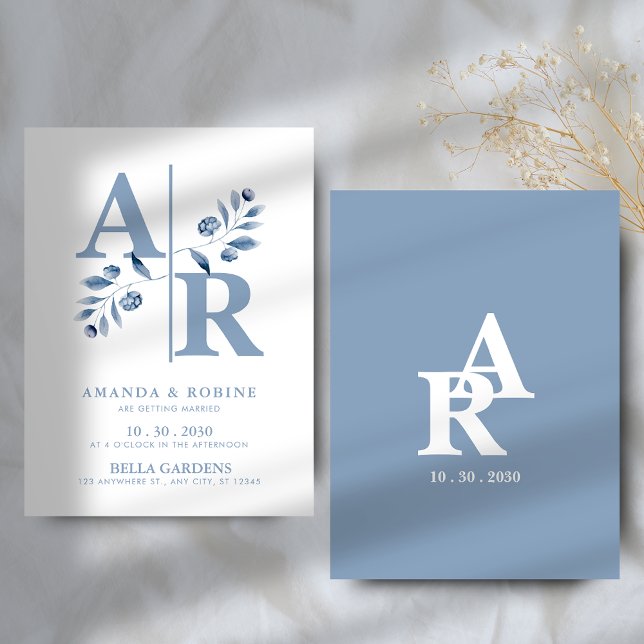 Faire-part de mariage monogramme bleu poussiéreux (Créateur téléchargé)