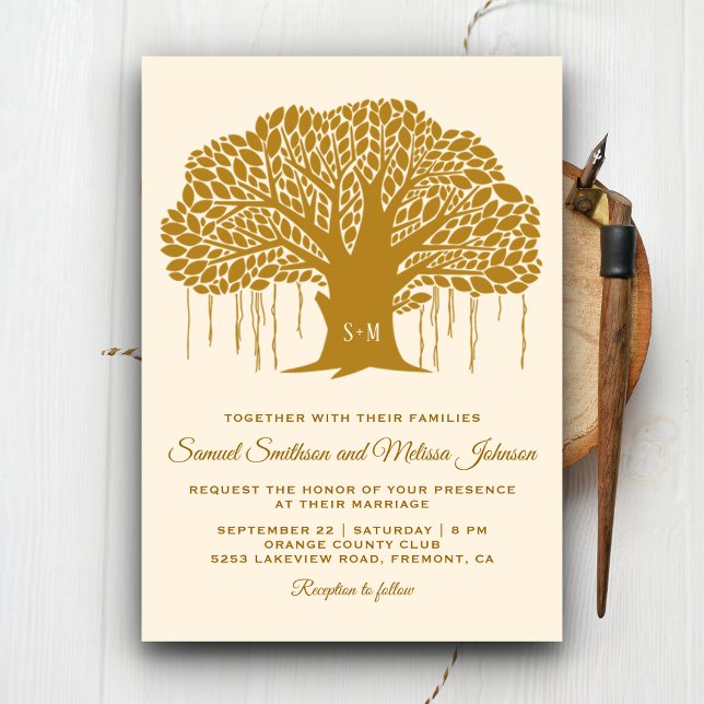 Faire-part de mariage Monogramme Brown Banyan Tree (Créateur téléchargé)