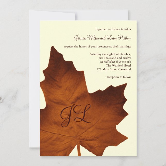 Faire-part de mariage monogramme d'automne (Devant)