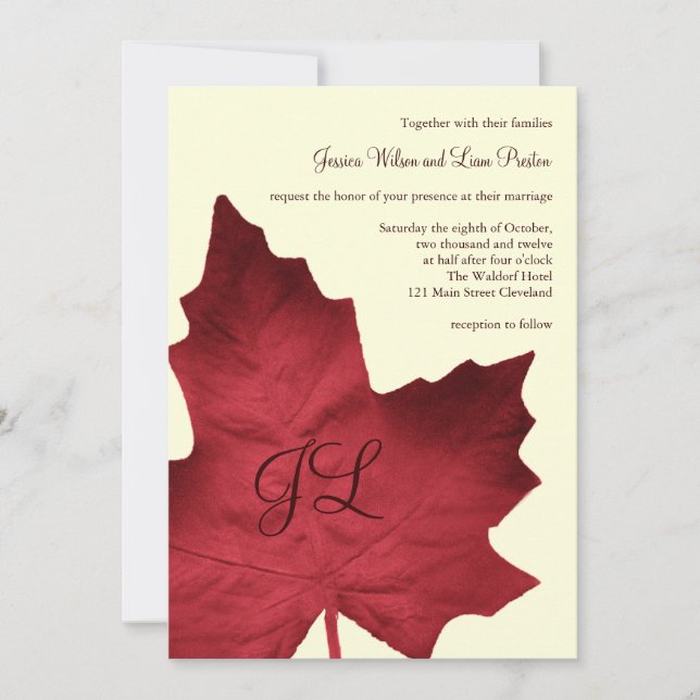 Faire-part de mariage monogramme d'automne (rouge) (Devant)