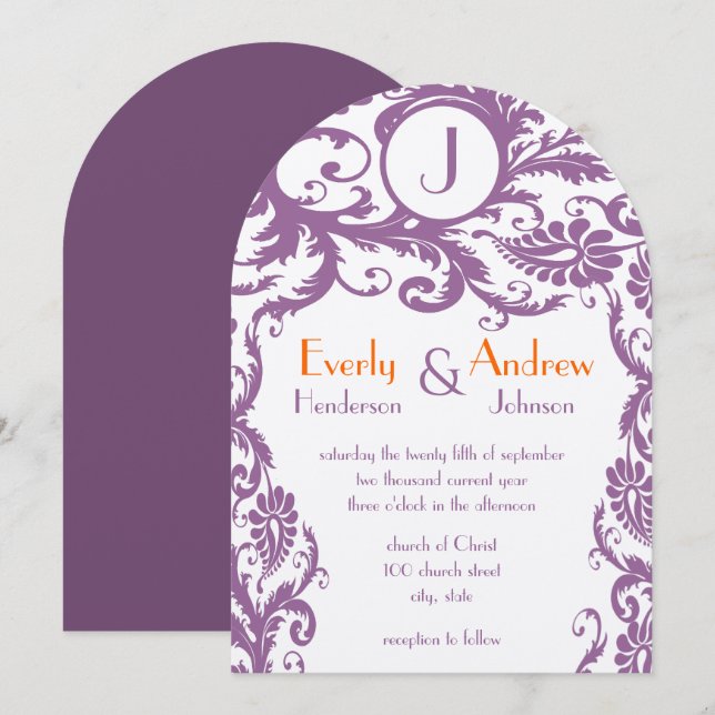 Faire-part de mariage Monogramme de Damas de prune (Devant / Derrière)