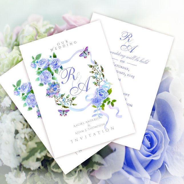 Faire-part de mariage Monogramme de ruban Rose ble (Elegant Blue Rose Ribbon Monogram Invitation Card.)