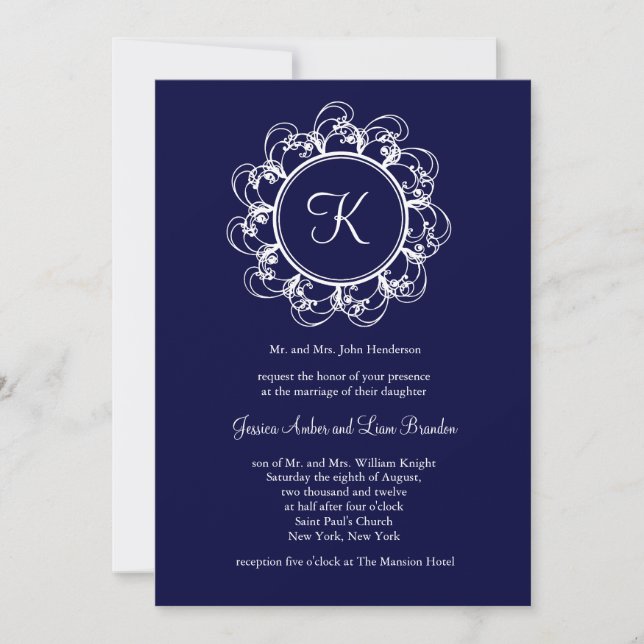Faire-part de mariage Monogramme Fancy Bleu foncé (Devant)