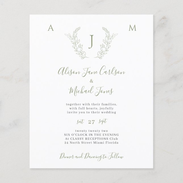 Faire-part de mariage monogramme feuille de verdur (Devant)