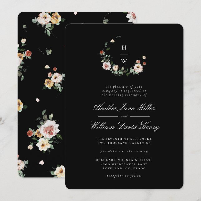 Faire-part de mariage Monogramme noir (Devant / Derrière)