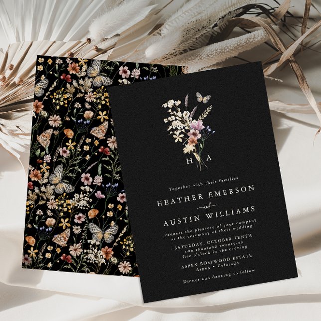 Faire-part de mariage Monogramme noir (Floral Monogram Black Boho Wedding Invitation with Butterfly by Painted Paperie)