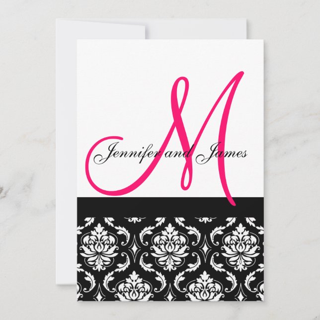 Faire-part de mariage monogramme noir rose damassé (Devant)