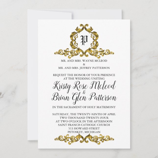 Faire-part de mariage Monogramme Or (Devant)