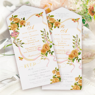 Faire-part de mariage Monogramme Ruban Rose Doré