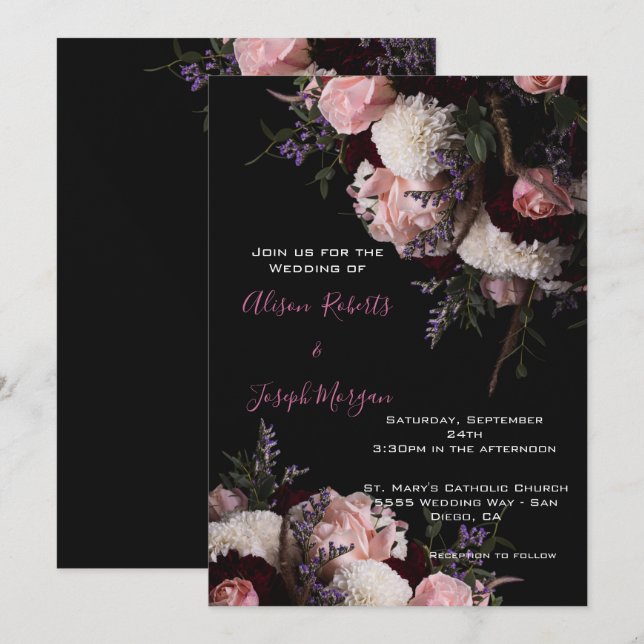Faire-part de mariage moody floral, Bourgogne blan (Devant / Derrière)