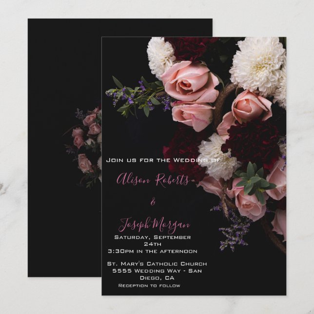 Faire-part de mariage moody floral, Bourgogne blan (Devant / Derrière)