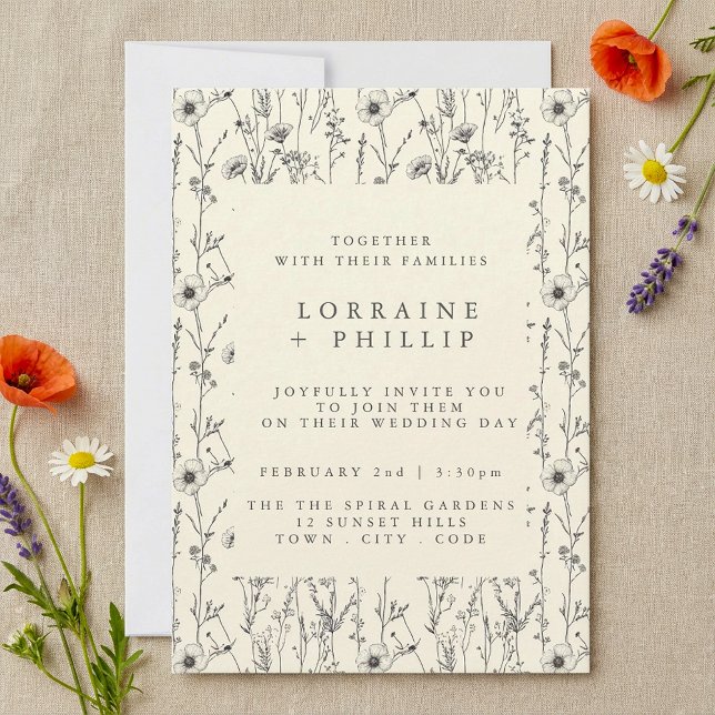 Faire-part de mariage motif fleur sauvage délicat (Delicate wildflowers pattern wedding invitation.)