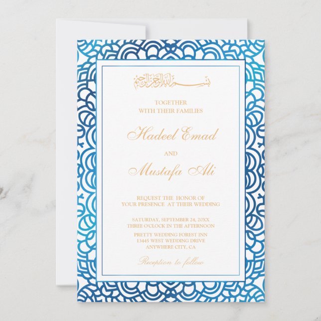 faire-part de mariage musulman bleu (Devant)